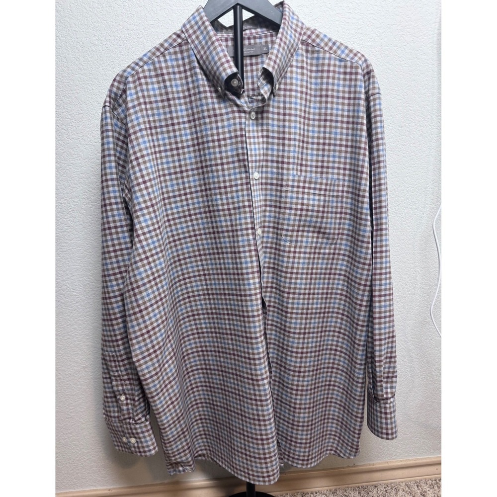 Daniel Cremieux Signature Mens XL Button Down Shirt Cotton Plaid Brown Blue
